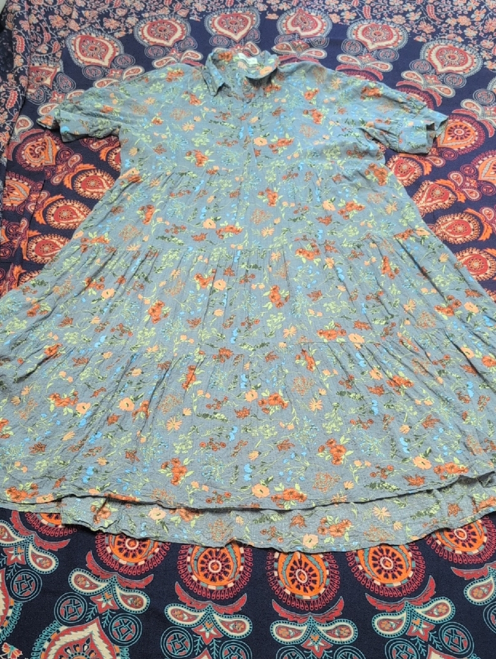 Natural Life Floral Dress.Gray Orange Tiered. - Picture 3 of 8